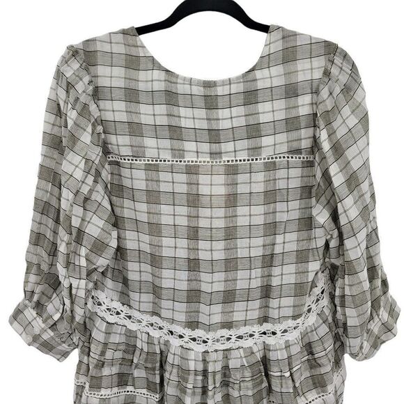 Free People Top Tunic Tiered Ruffle Lace Puff Sleeve Oversized Plaid Gray Sz XS - Picture 10 of 15